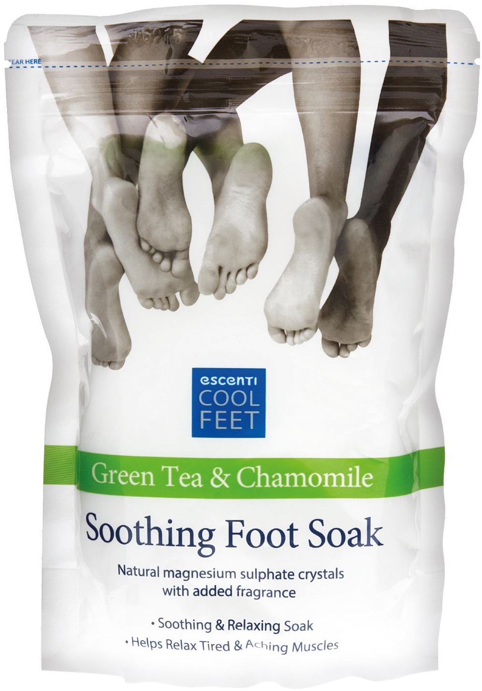 ESCENTI COOL FEET zelený čaj a heřmánek uklidňující hořečnatá koupelová sůl na nohy 450g